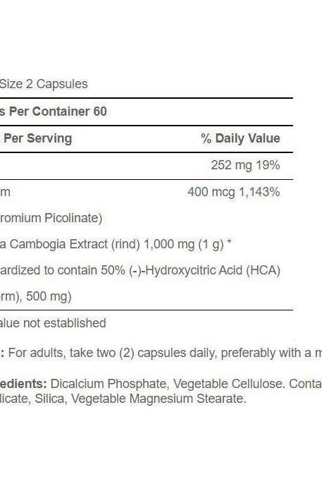 Nutritional information for Puritan's Pride Garcinia Cambogia 500mg - ingredients and daily value details.
