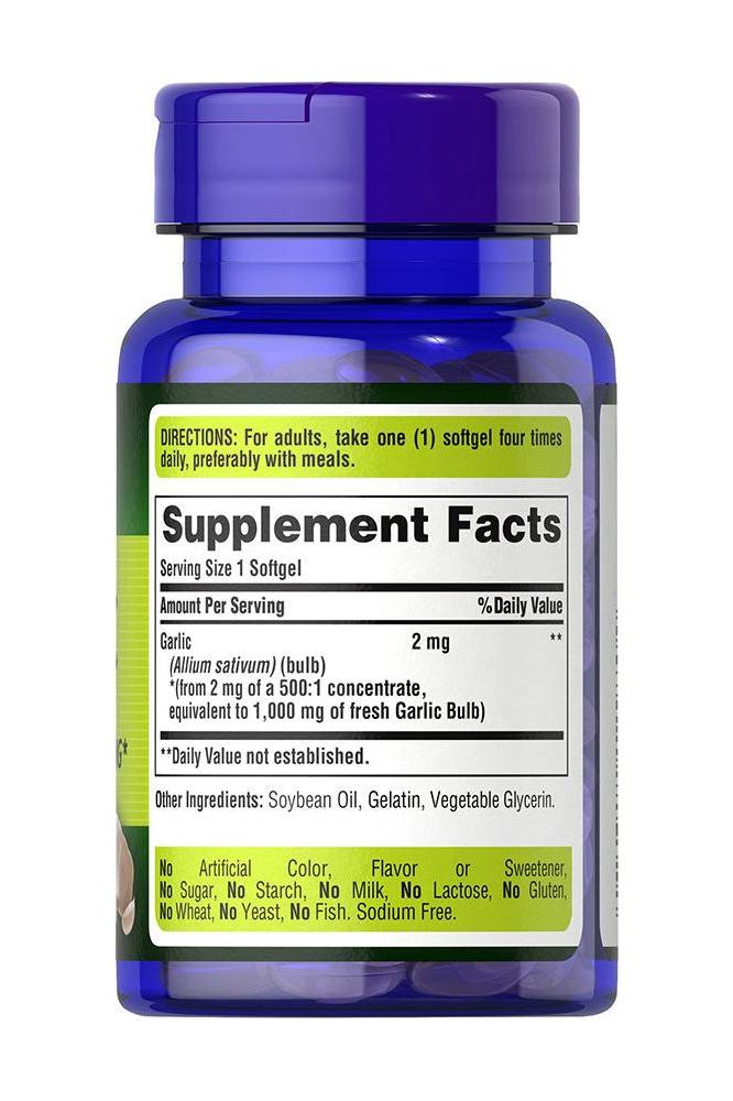 Puritan's Pride Garlic Oil 1000 mg softgel supplement facts label showing serving size and ingredients.