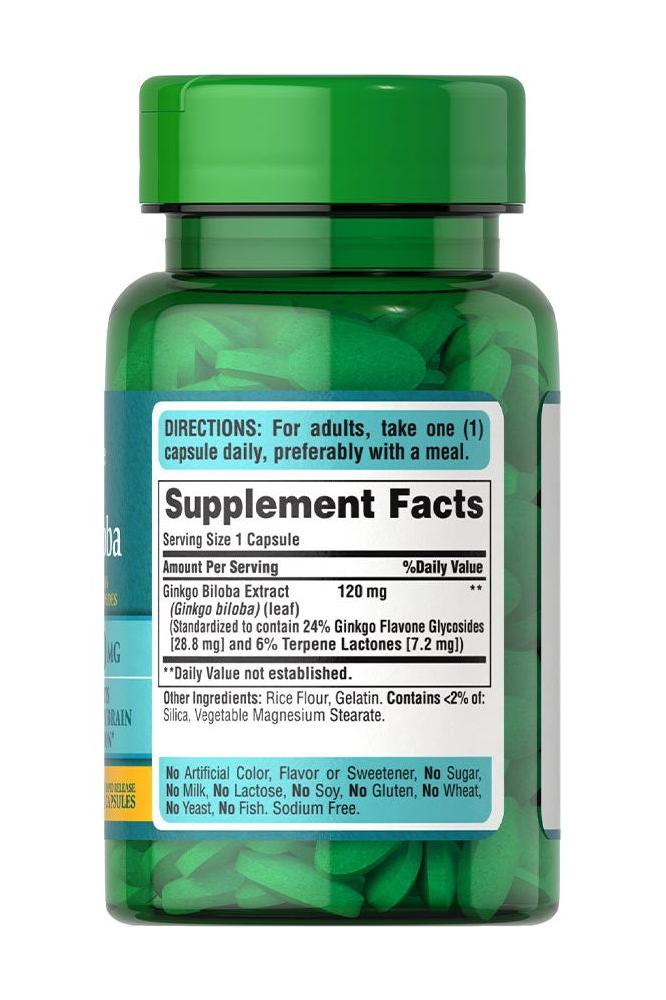 Puritan's Pride Ginkgo Biloba Standardized Extract 120 mg green capsule bottle with supplement facts