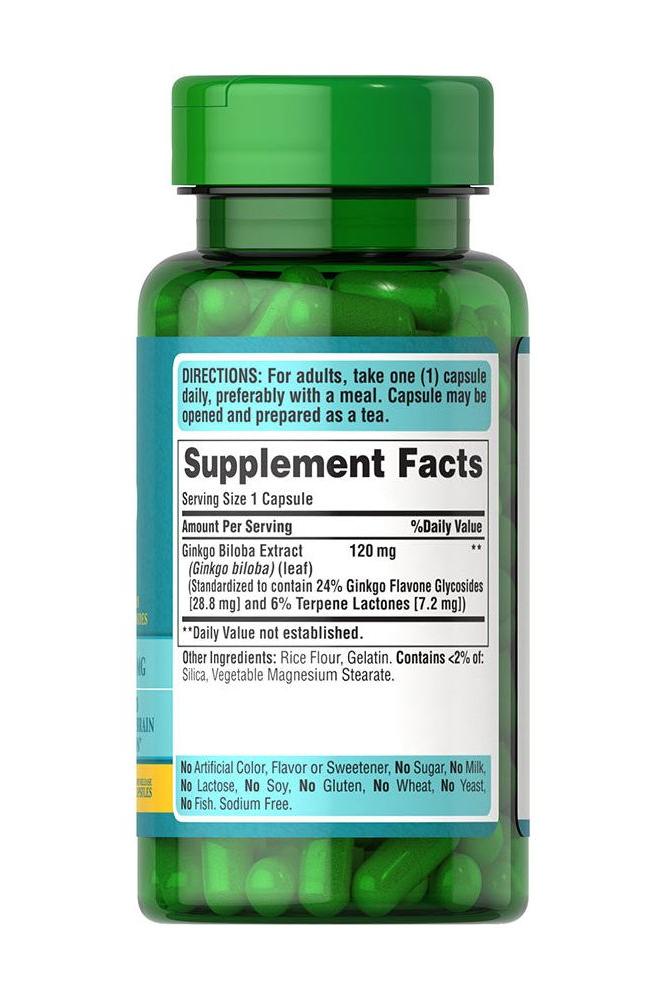Puritan's Pride Ginkgo Biloba Extract 120 mg bottle with supplement facts, promoting brain health and circulation.