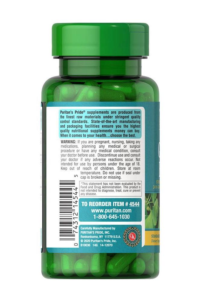 Puritan's Pride Ginkgo Biloba Extract 120 mg bottle, promoting mental clarity and circulation, antioxidant benefits.