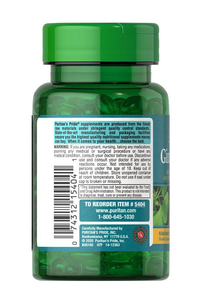 Puritan's Pride Ginkgo Biloba Standardized Extract 60 mg softgels in green bottle with detailed label on the back.