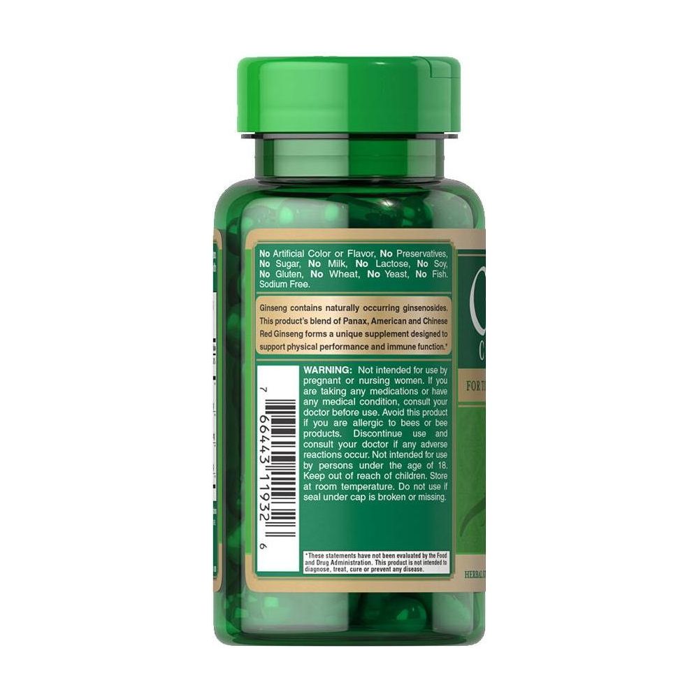 Puritan's Pride Ginseng Complex bottle 75 capsules, promotes physical performance and immune function, no artificial additives.
