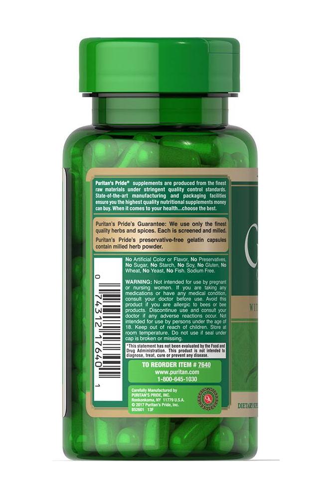 Puritan's Pride Ginseng Complex with Royal Jelly bottle, showcasing green capsules for wellness support.
