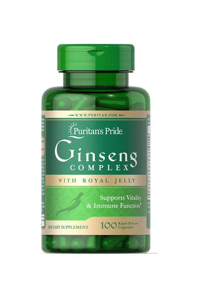 Puritan's Pride Ginseng Complex with Royal Jelly 1000 mg, supports vitality and immune function in a green bottle.