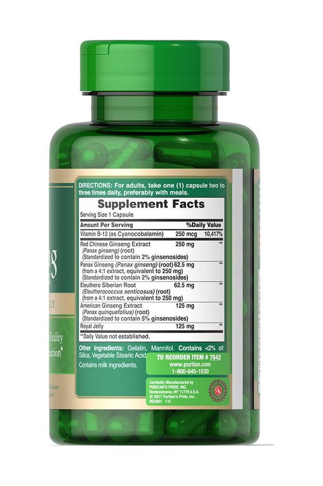 Puritan's Pride Ginseng Complex 1000 mg supplement bottle showcasing supplement facts and ingredients.