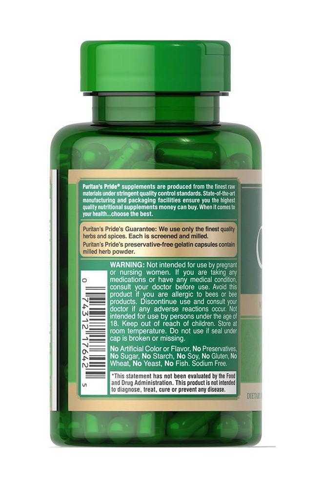 Puritan's Pride Ginseng Complex with Royal Jelly 1000 mg, back label showing ingredients, warnings, and quality assurance details.