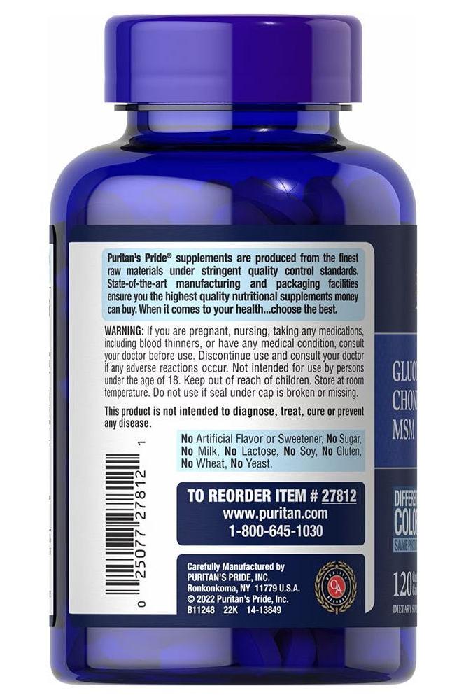 Puritan's Pride glucosamine, chondroitin and MSM supplement bottle, 120 capsules for joint health support.