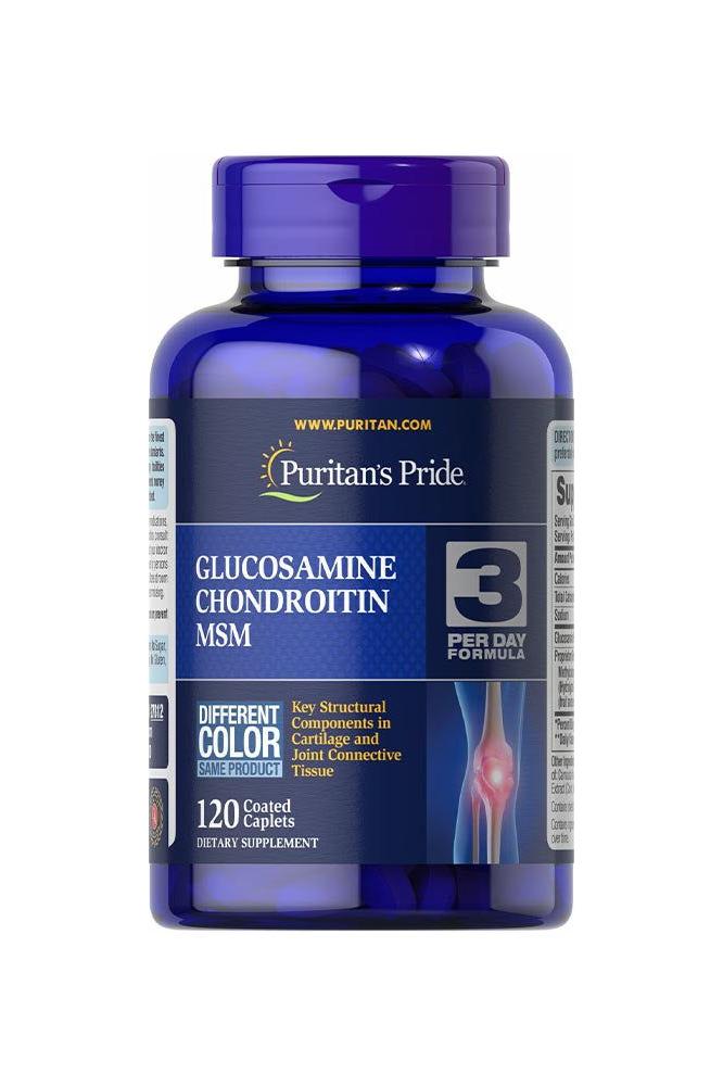 Puritan's Pride Glucosamine, Chondroitin & MSM supplement bottle for joint health, 120 coated caplets.