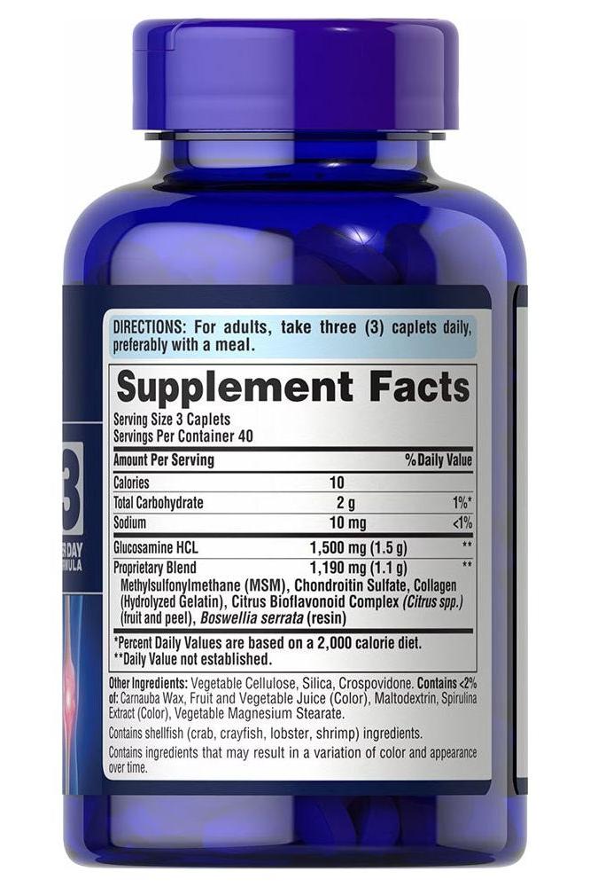 Puritan's Pride glucosamine supplement bottle with dosage and ingredient list on the label.