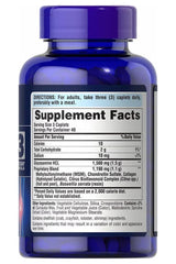 Puritan's Pride glucosamine supplement bottle with dosage and ingredient list on the label.