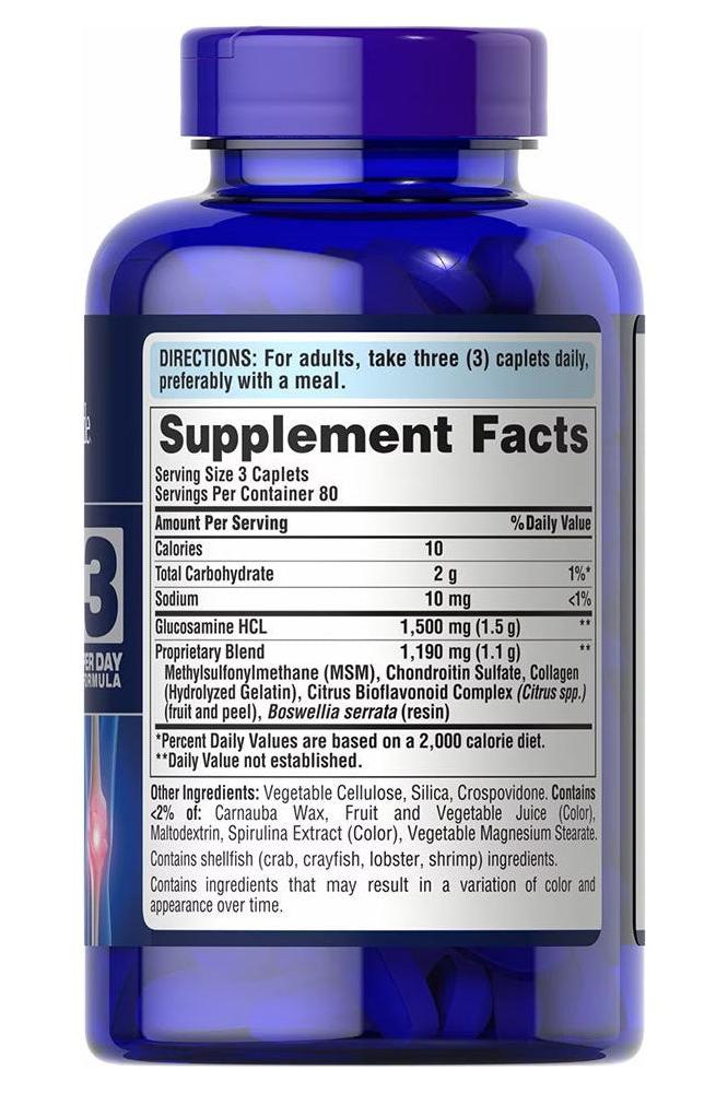 Puritan's Pride Glucosamine, Chondroitin, and MSM supplement facts label on blue bottle.