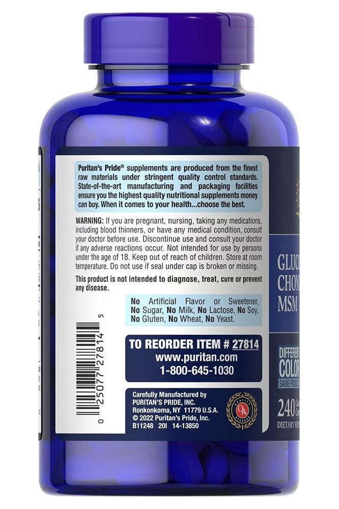 Puritan's Pride glucosamine, chondroitin, and MSM supplement bottle, featuring ingredients and usage instructions.