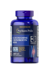 Puritan's Pride Glucosamine, Chondroitin and MSM supplement bottle for joint health support.