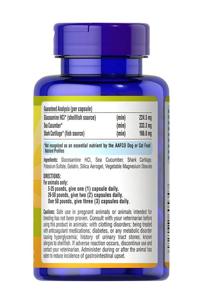 Puritan's Pride Glucosamine Plus for Pets product label showing ingredients and analysis for joint health.