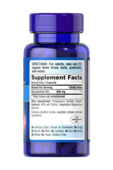 Bottle of Puritan's Pride Glucosamine Sulfate supplement with dosage instructions and ingredient details.