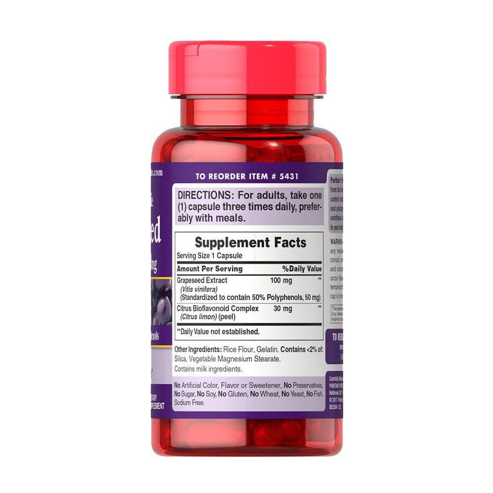 Puritan's Pride Grapeseed Extract 100 mg supplement bottle with red cap and supplement facts.