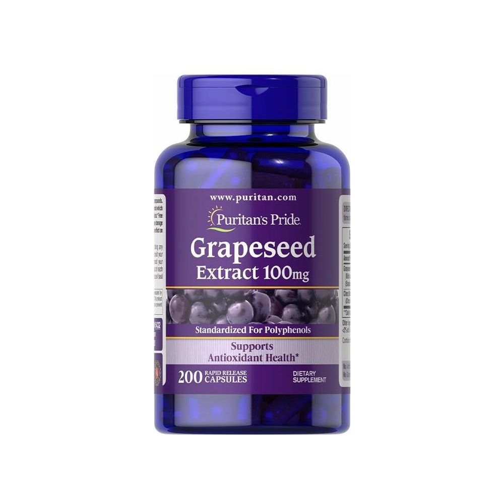 Puritan's Pride Grapeseed Extract 100 mg bottle, supports antioxidant health, 200 capsules.