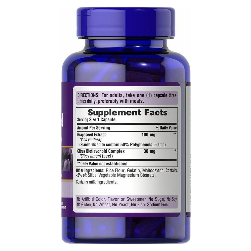 Puritan's Pride Grapeseed Extract 100 mg supplement bottle showing dosage and ingredients.