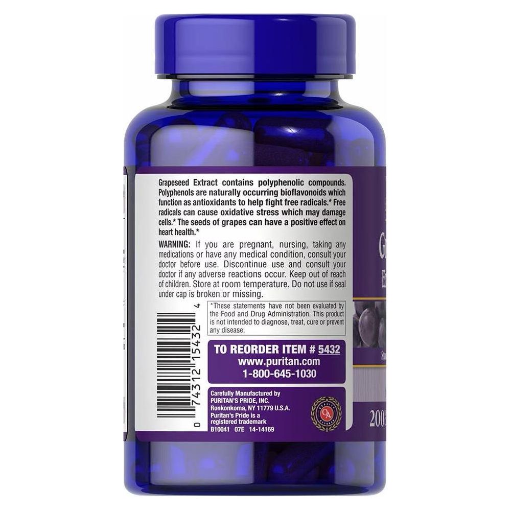 Puritan's Pride Grapeseed Extract 100 mg bottle showcasing polyphenolic compounds and antioxidant benefits.