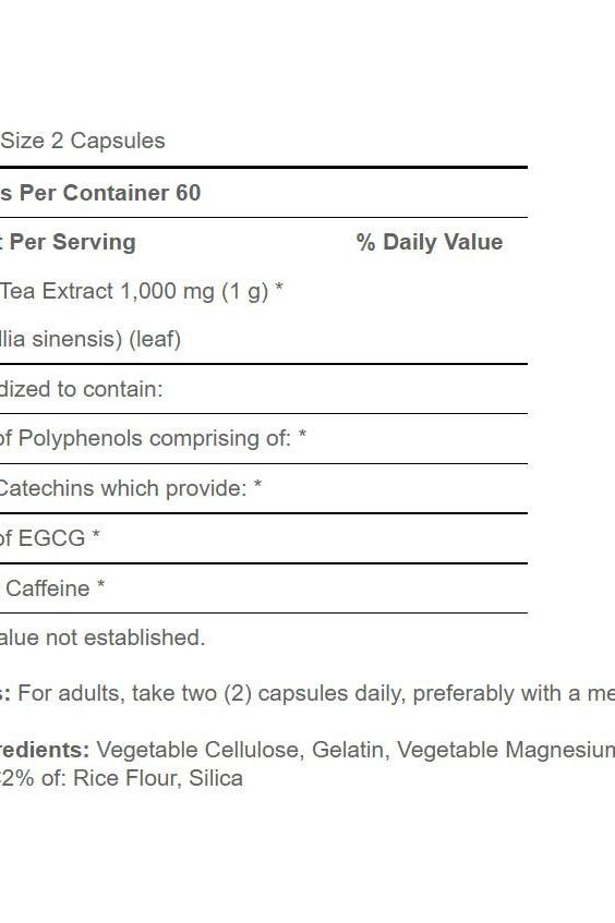 Supplement facts label for Puritan's Pride Green Tea Extract 1000mg, detailing ingredients and serving size.