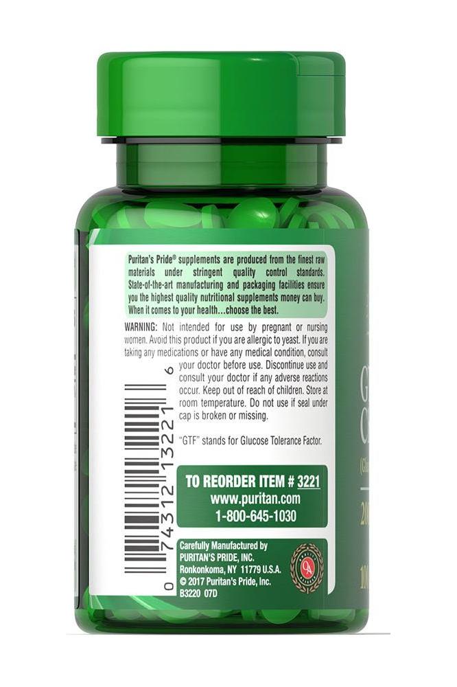 Back label of Puritan's Pride GTF Chromium dietary supplement bottle, detailing ingredients and usage instructions.