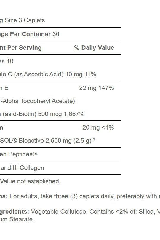 Supplement facts for Puritan's Pride Hair, Skin and Nails, including vitamins and collagen peptides.