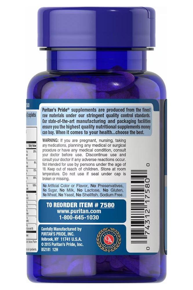 Puritan's Pride Hair, Skin & Nails Formula 60 Caplets supplement bottle with detailed label and reorder information.