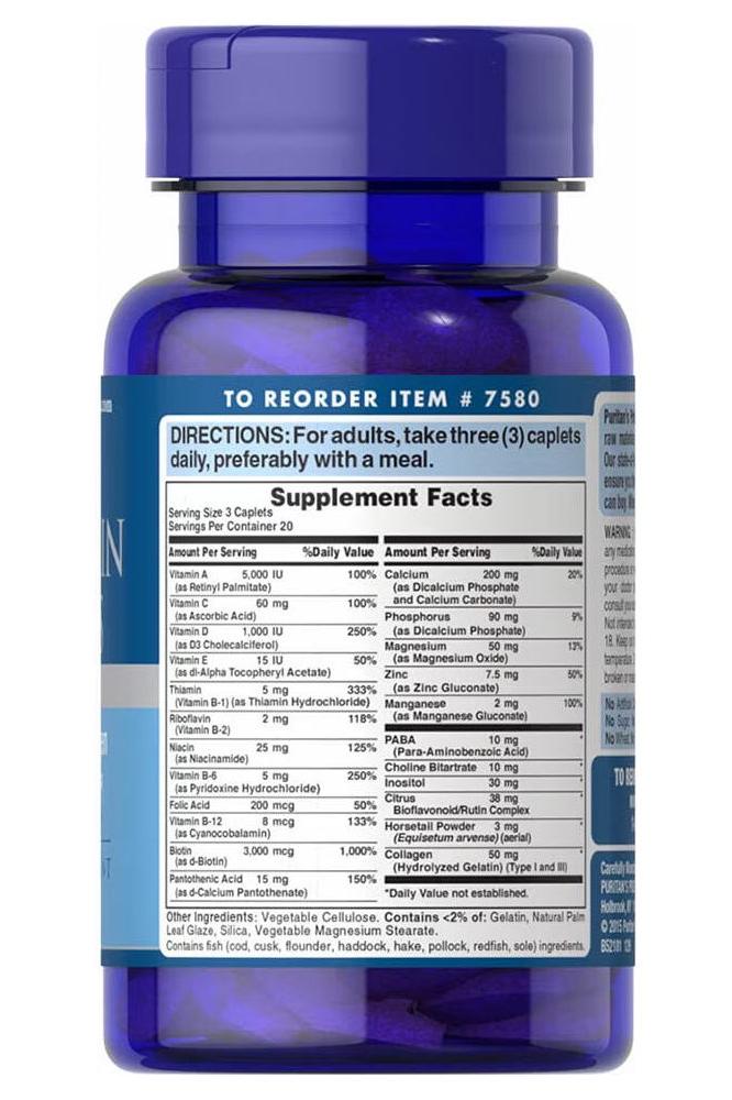 Puritan's Pride Hair, Skin & Nails Formula supplement facts label on bottle.