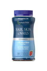 Puritan's Pride Hair, Skin & Nails gummies bottle with 80 strawberry-flavored gummies for beauty support.