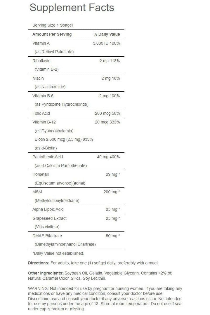 Supplement facts for Puritan's Pride Hair, Skin & Nails, detailing vitamins and nutrients per serving.