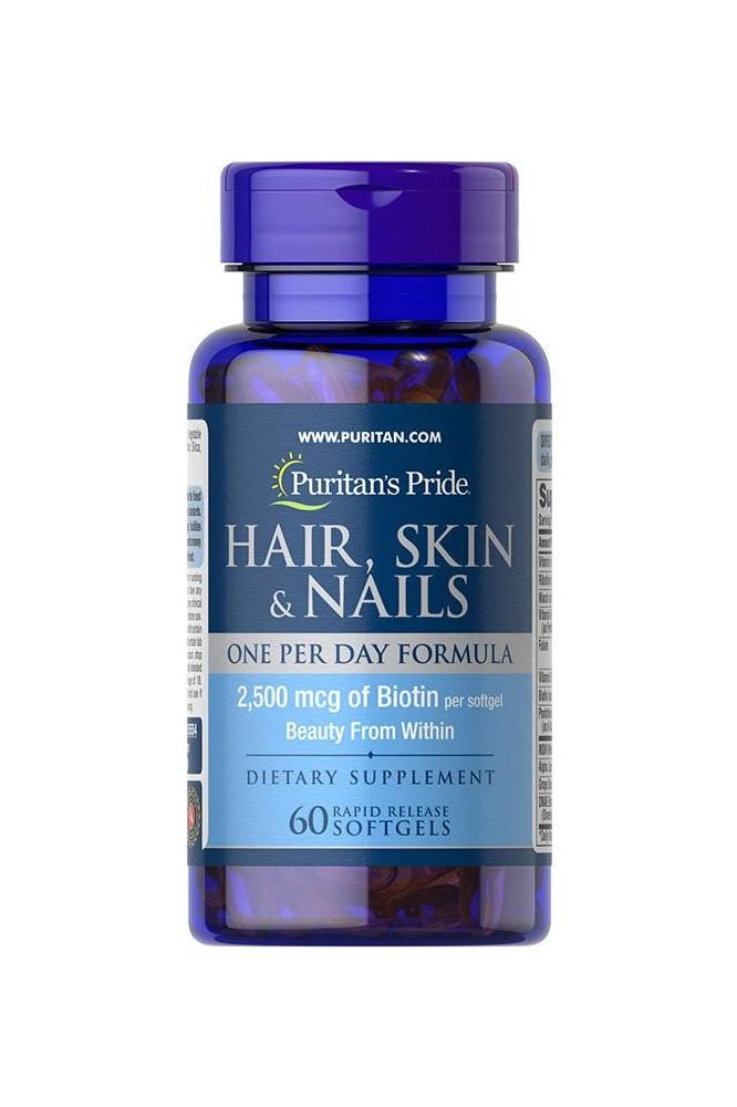 Puritan's Pride Hair, Skin & Nails One Per Day formula with 2,500 mcg Biotin, dietary supplement softgels, 60 count.