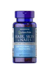 Puritan's Pride Hair, Skin & Nails One Per Day formula with 2,500 mcg Biotin, dietary supplement softgels, 60 count.