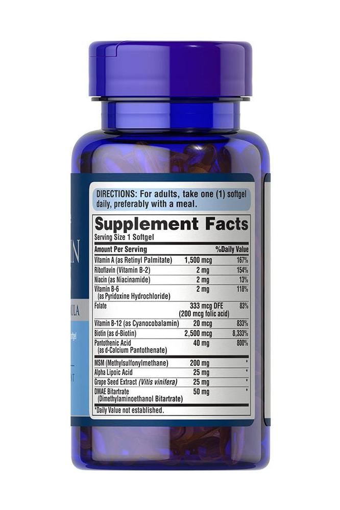 Puritan's Pride Hair, Skin & Nails supplement bottle showing nutritional facts and serving size details.