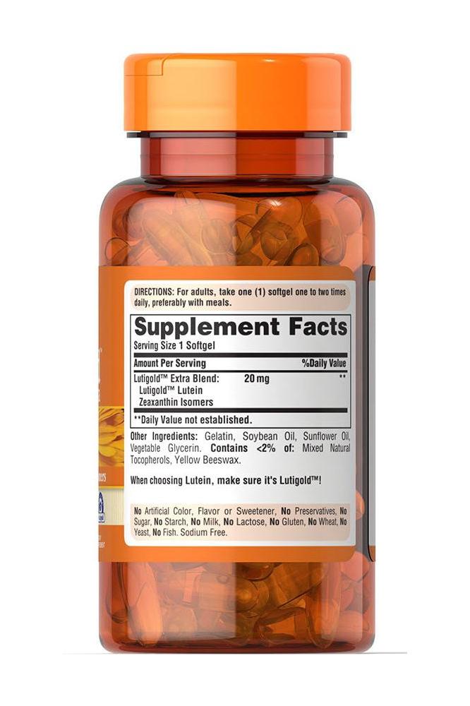 Puritan's Pride Healthy Eyes Lutein Extra Softgels supplement facts panel showing ingredients and directions.