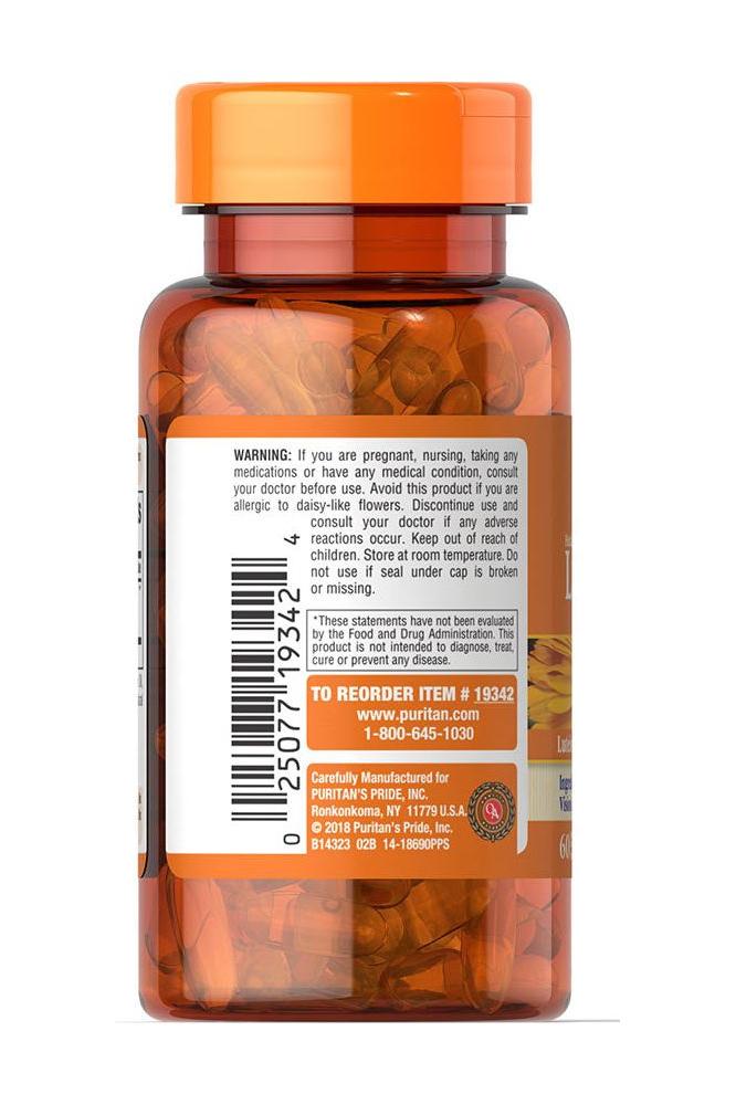Puritan's Pride Healthy Eyes Lutein Extra softgel bottle with warning label and barcode.
