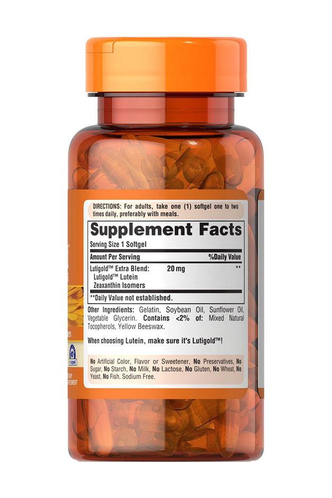 Puritan's Pride Healthy Eyes® Lutigold™ Extra softgel supplement bottle with ingredient details.