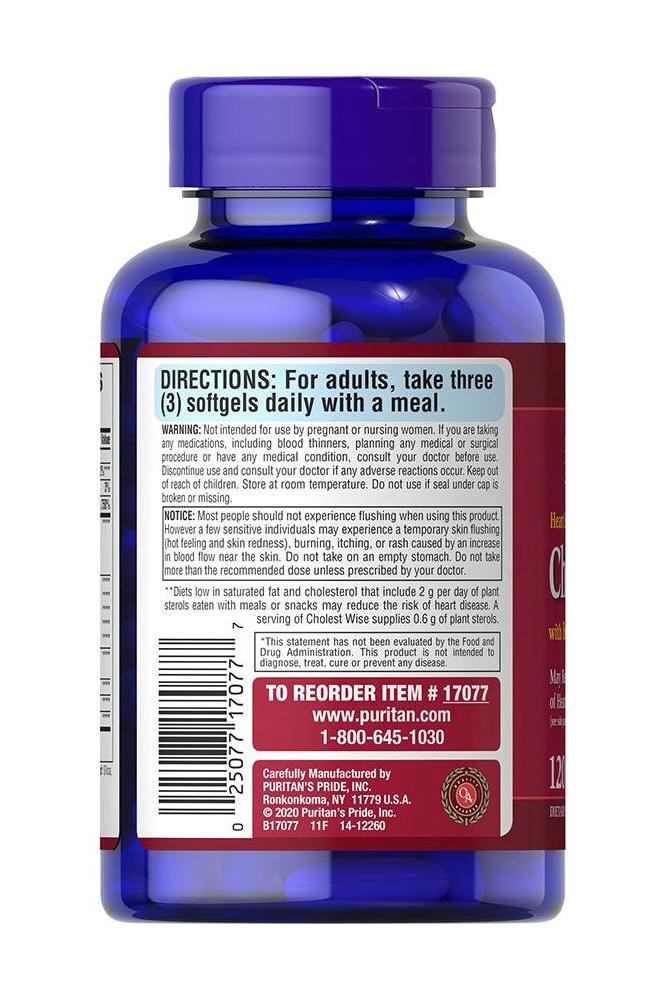 Puritan's Pride Cholest Wise softgels bottle with usage instructions and nutritional information.
