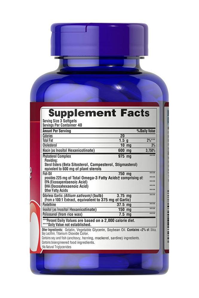 Supplement facts label for Puritan's Pride Heart Essentials Cholest Wise, 120 softgels, highlighting ingredients and benefits.
