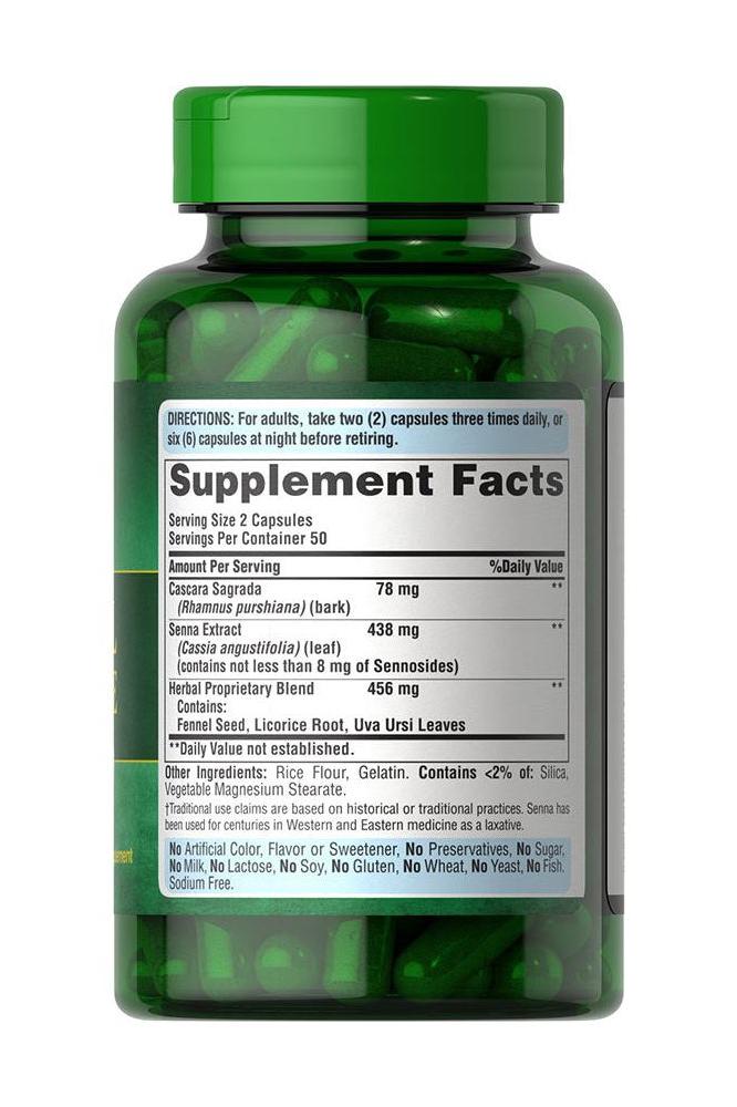 Puritan's Pride Herbal Laxative 100 Capsules bottle displaying supplement facts for natural cleansing and regularity.
