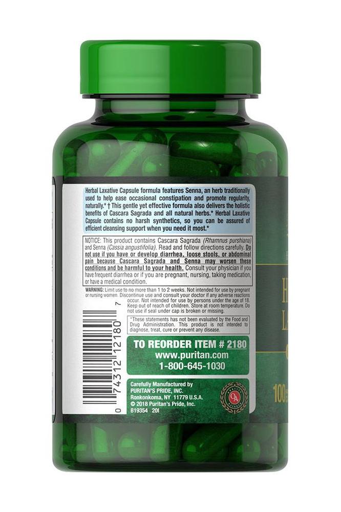 Puritan's Pride Herbal Laxative capsules bottle, promotes regularity with no artificial additives.