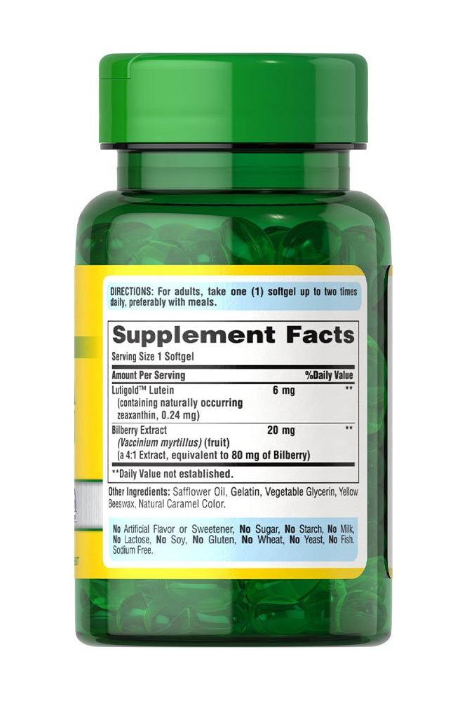 Puritan's Pride Herbavision Gold softgel supplement bottle with lutein and bilberry for eye health.