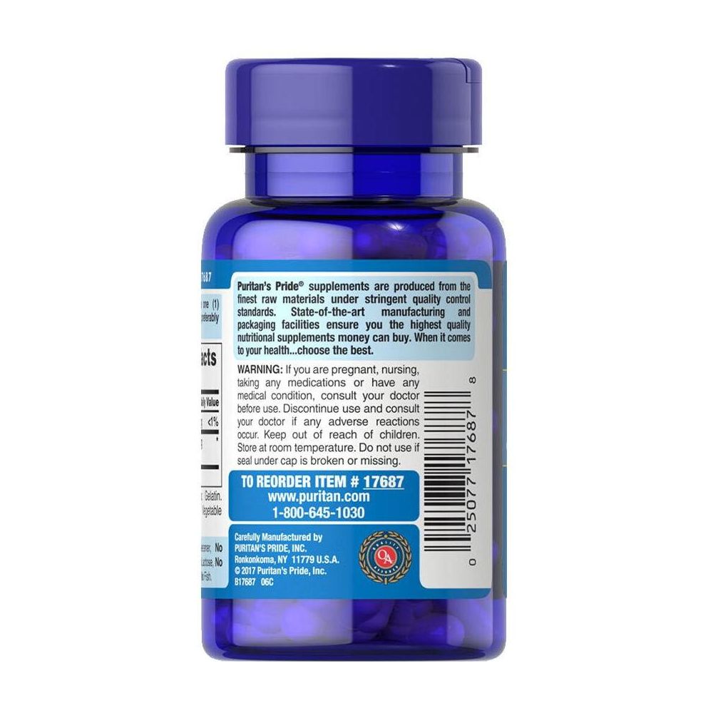 Puritan's Pride Hyaluronic Acid 100 mg in a blue bottle with supplement information on the label.