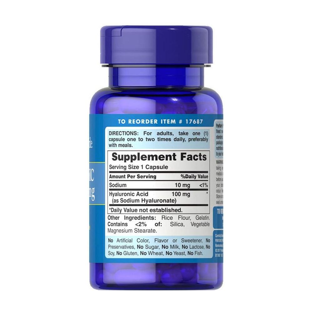 Puritan's Pride Hyaluronic Acid 100 mg supplement bottle with facts and directions for use.