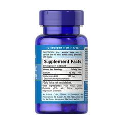 Puritan's Pride Hyaluronic Acid 100 mg supplement bottle with facts and directions for use.