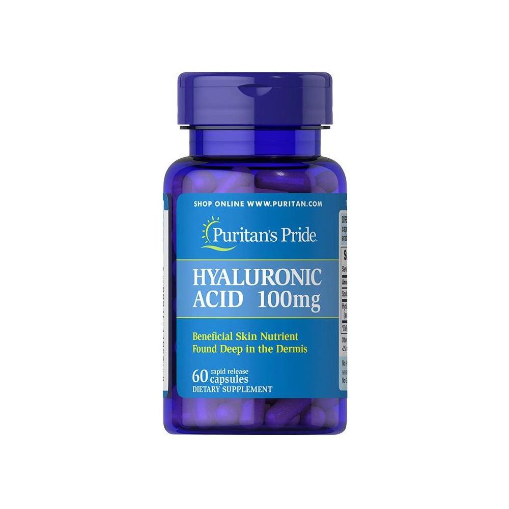 Puritan's Pride Hyaluronic Acid 100 mg dietary supplement in a blue bottle with 60 capsules for skin nourishment.