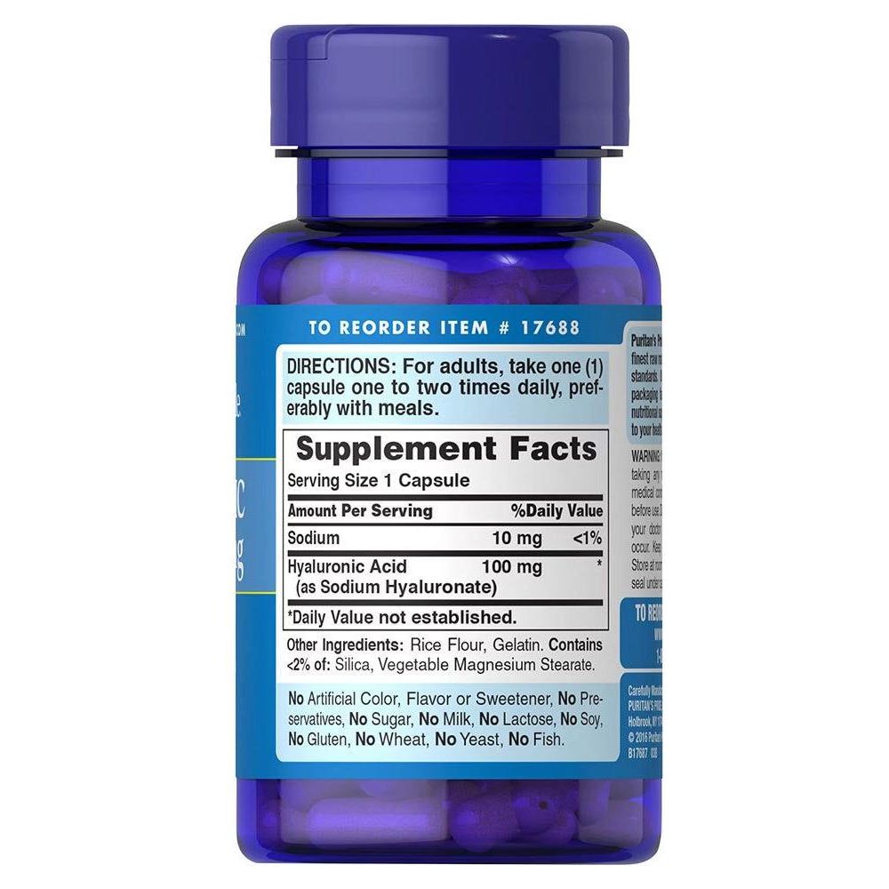 Puritan's Pride Hyaluronic Acid 100 mg supplement bottle showing dosage and ingredients information.