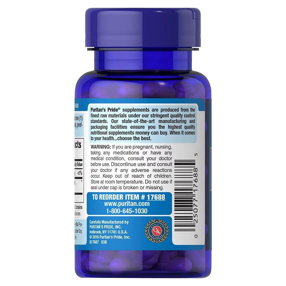 Puritan's Pride Hyaluronic Acid 100 mg supplement bottle with blue label containing usage instructions.