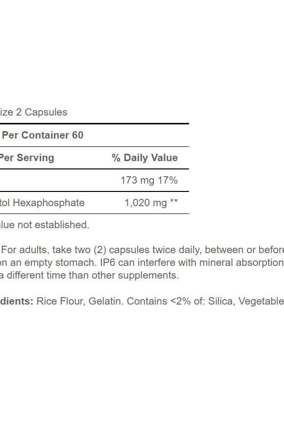 Supplement facts for Puritan's Pride IP-6 Inositol Hexaphosphate capsules, showing ingredients and serving size.