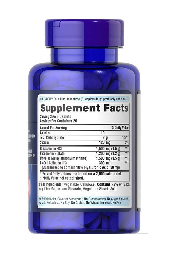 Puritan's Pride Joint Soother supplement facts label showing glucosamine, chondroitin, MSM, hyaluronic acid information.